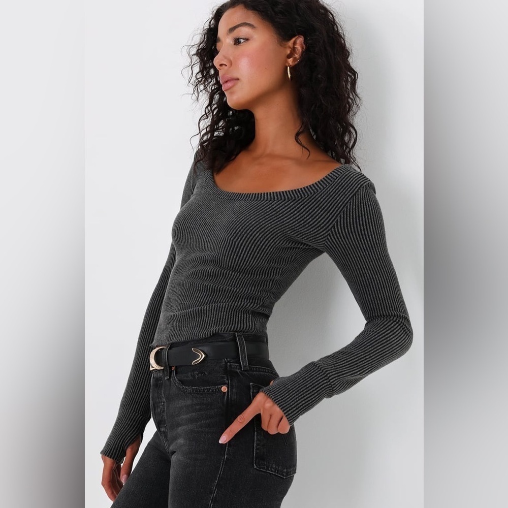 Lulu’s Perfectly Mine Charcoal Ribbed Long Sleeve Top